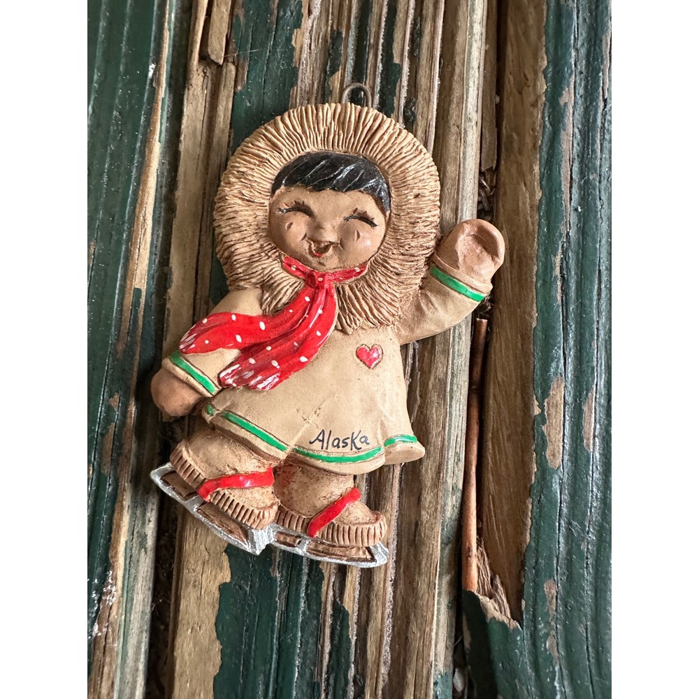 Vintage Eski Moppets Alaska Souvenir Ornament Hand Painted Ice Skater 4 Inch